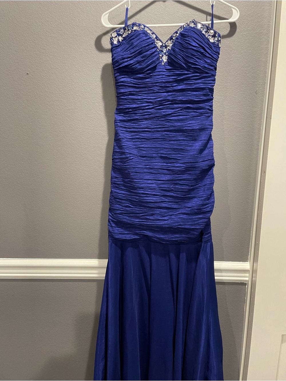 Jump Royal Blue Strapless Ruched Evening Gown with Crystal Accents